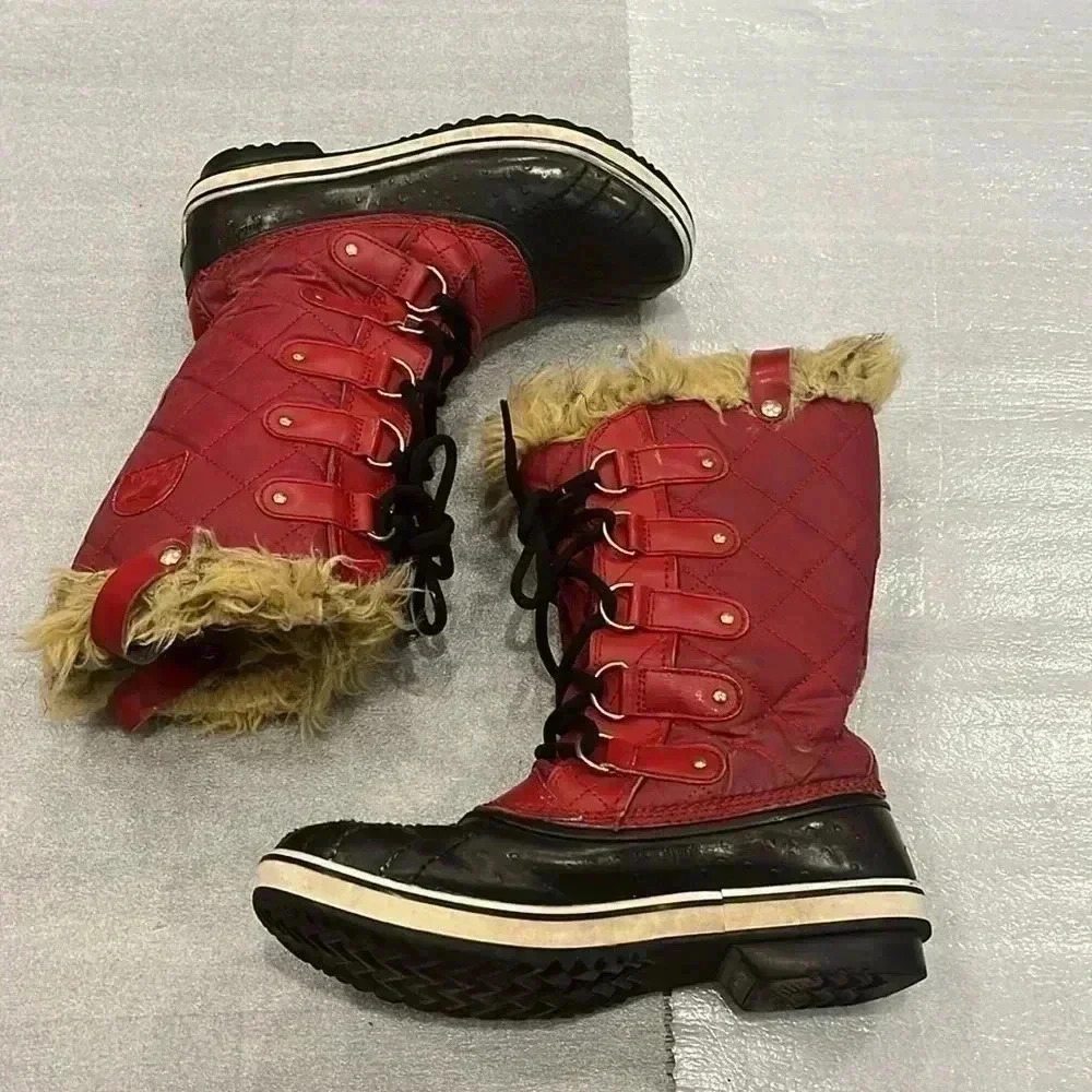 [8.5]Sorel Tofino Joan of Arc Waterproof Insulated Boot Red Faux  Fur Trim